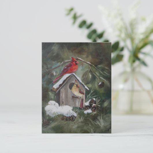 Kardinalen op Snowy Birdhouse Briefkaart (Staand voorkant)