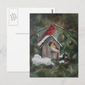 Kardinalen op Snowy Birdhouse Briefkaart (Voorkant / Achterkant)