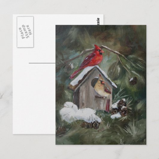 Kardinalen op Snowy Birdhouse Briefkaart (Voorkant / Achterkant)