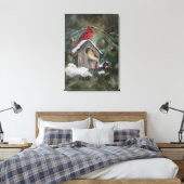 Kardinalen op Snowy Birdhouse Canvas Afdruk (Insitu (Slaapkamer))