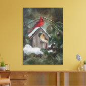 Kardinalen op Snowy Birdhouse Canvas Afdruk (Insitu (Woonkamer))