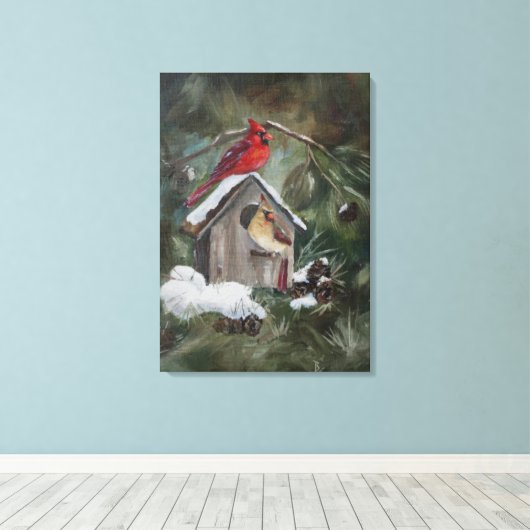 Kardinalen op Snowy Birdhouse Canvas Afdruk (Insitu (Houten vloer))