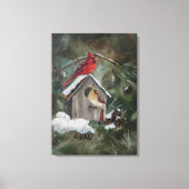 Kardinalen op Snowy Birdhouse Canvas Afdruk (Voorkant)