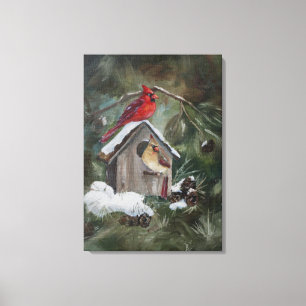 Kardinalen op Snowy Birdhouse Canvas Afdruk