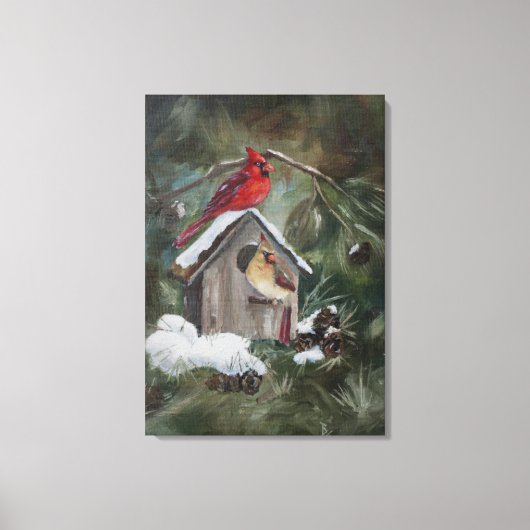 Kardinalen op Snowy Birdhouse Canvas Afdruk (Voorkant)