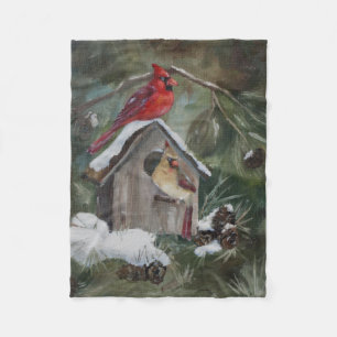 Kardinalen op Snowy Birdhouse Fleece Deken