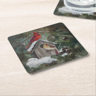 Kardinalen op Snowy Birdhouse Kartonnen Onderzetters