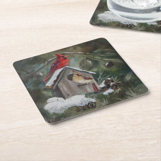 Kardinalen op Snowy Birdhouse Kartonnen Onderzetters (Schuin)