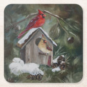 Kardinalen op Snowy Birdhouse Kartonnen Onderzetters (Voorkant)