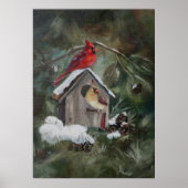 Kardinalen op Snowy Birdhouse Poster (Voorkant)