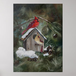 Kardinalen op Snowy Birdhouse Poster