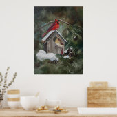 Kardinalen op Snowy Birdhouse Poster (Keuken)
