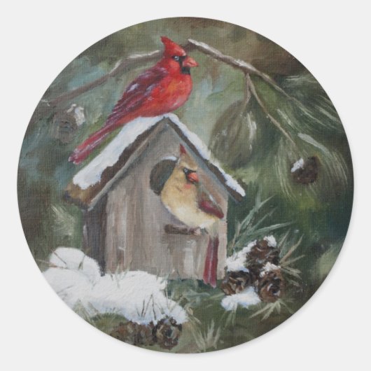 Kardinalen op Snowy Birdhouse Ronde Sticker (Voorkant)