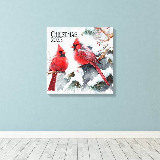 Kardinalen op Snowy Tree een  kerst Canvas Afdruk (Insitu (Houten vloer))