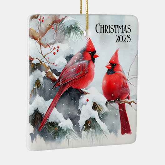 Kardinalen op Tree Branch een kerst Keramisch Ornament (Rechts)