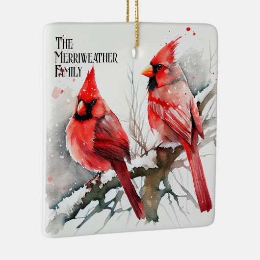 Kardinalen op Tree Branch een  kerst Keramisch Ornament (Rechts)