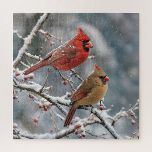 Kardinalen op wintertak legpuzzel (Verticaal)