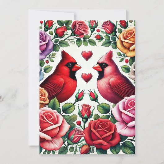 Kardinalen te midden van levendige Rozen Feestdagenkaart (Voorkant)