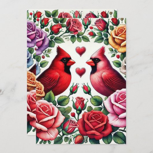 Kardinalen te midden van levendige Rozen Feestdagenkaart (Voorkant / Achterkant)