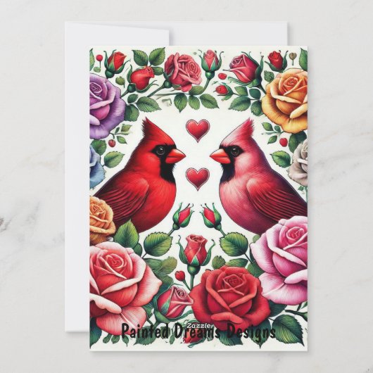 Kardinalen te midden van levendige Rozen Feestdagenkaart (Achterkant)