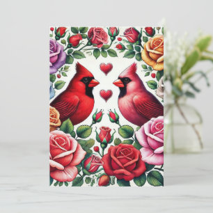 Kardinalen te midden van levendige Rozen Feestdagenkaart