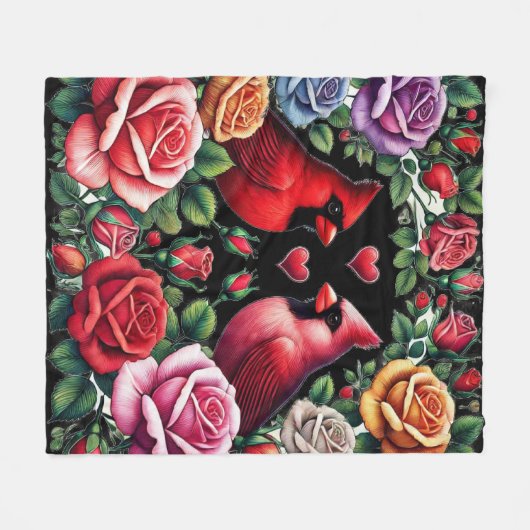 Kardinalen te midden van levendige Rozen Fleece Deken (Voorkant (Horizontaal))