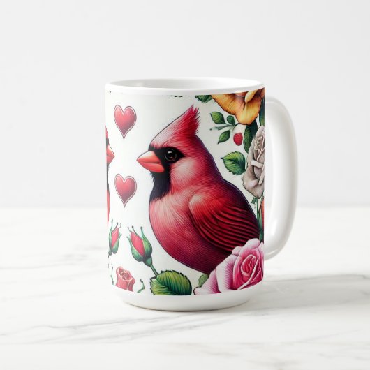 Kardinalen te midden van levendige Rozen Koffiemok (Voorkant rechts)