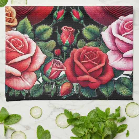 Kardinalen te midden van levendige Rozen Theedoek (Gevouwen)