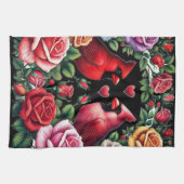 Kardinalen te midden van levendige Rozen Theedoek (Horizontaal)
