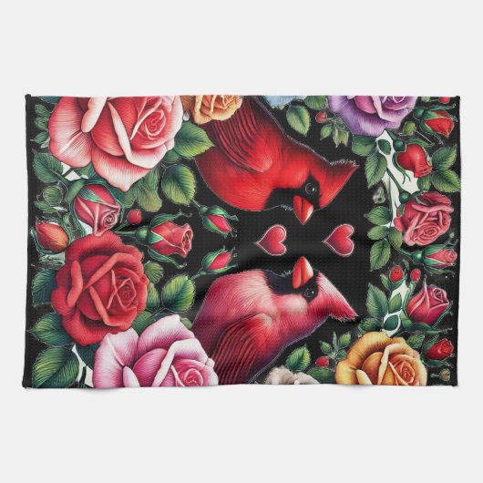 Kardinalen te midden van levendige Rozen Theedoek (Horizontaal)