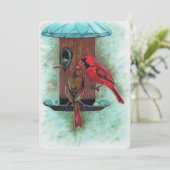 kardinalen vogels die platte inkuiling voeren bedankkaart (Staand voorkant)