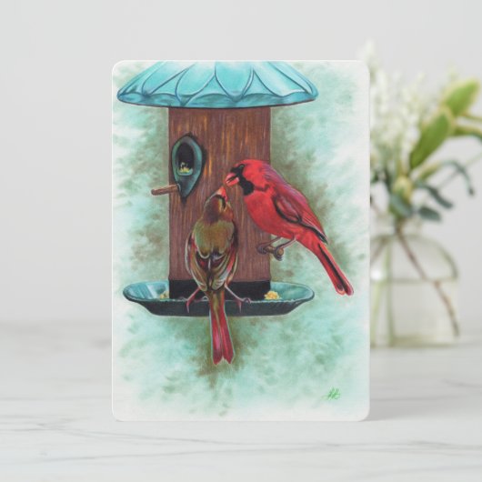 kardinalen vogels die platte inkuiling voeren bedankkaart (Staand voorkant)