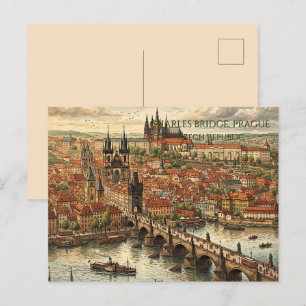 Karelbrug in Praag Reis Kunst Vintage Feestdagenkaart