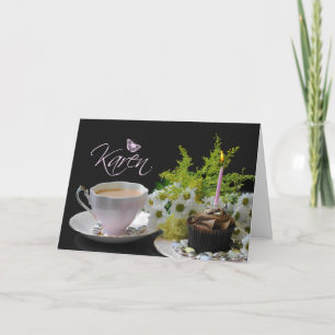 Karen Birthday Card met de Thee en de Bloemen van Kaart