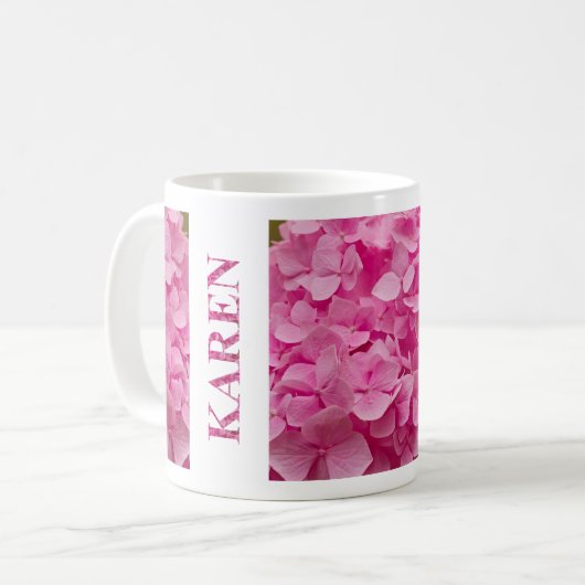 "Karen" in Pink Spring Hydrangea Letters & Flower Koffiemok (Voorkant links)