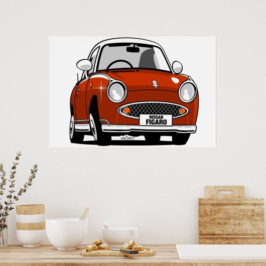 Karicatuur van Nissan Figaro rood Poster (Keuken)