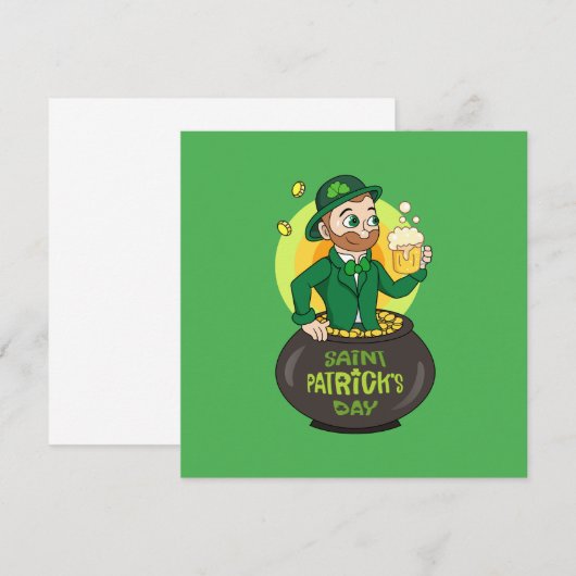 Karikatuur Leprechaun in een pot goud met een pint Kaart (Voorkant / Achterkant)