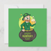 Karikatuur Leprechaun in een pot goud met een pint Kaart (Voorkant)