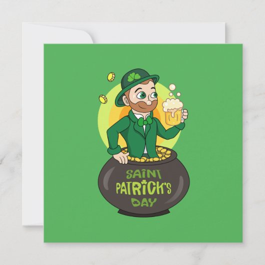 Karikatuur Leprechaun in een pot goud met een pint Kaart (Voorkant)