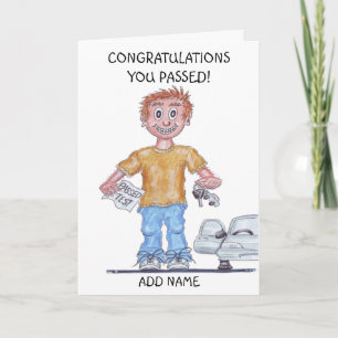 Karikatuur van een gelukkig man is net geslaagd vo kaart