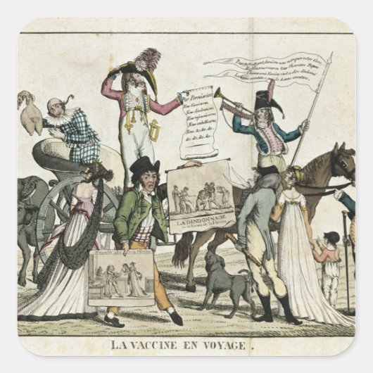 Karikatuur van quack dokters die vaccins aanbieden vierkante sticker (Voorkant)