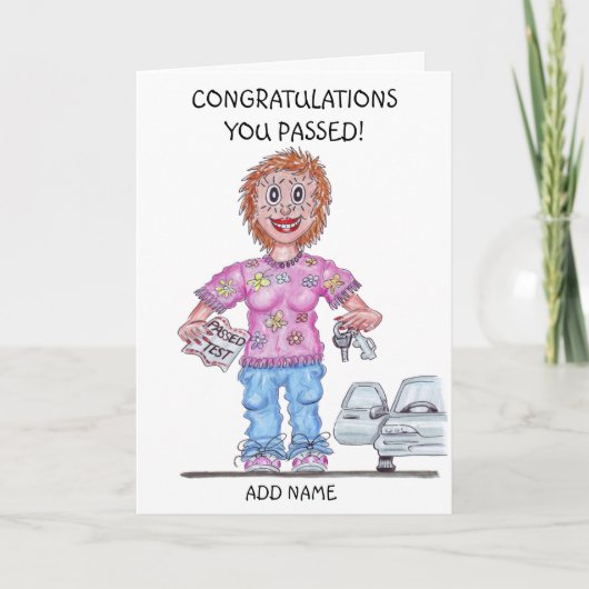 Karikatuur van vrouw die zojuist rijexamen heeft g kaart (Voorkant)