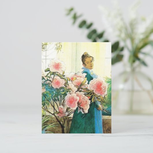 Karin met roze bloemen en haar kamer briefkaart (Staand voorkant)