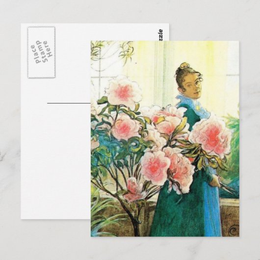 Karin met roze bloemen en haar kamer briefkaart (Voorkant / Achterkant)