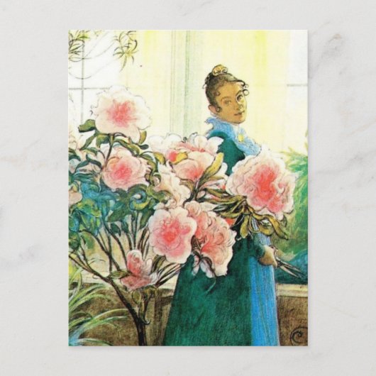 Karin met roze bloemen en haar kamer briefkaart (Voorkant)