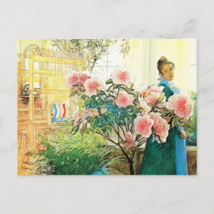 Karin met roze bloemen en haar kamer briefkaart