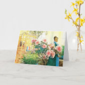 Karin met roze bloemen en haar kamer kaart (Gele Bloem)