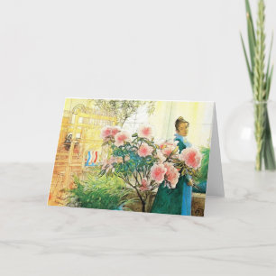 Karin met roze bloemen en haar weefgetouw kaart