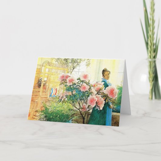 Karin met roze bloemen en haar weefgetouw kaart (Voorkant)