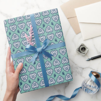 ‘Karlek’ Heartt  gift wrapping Paper (navy, teal) Cadeaupapier